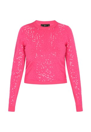 Pull court rose à manches longues, orné de sequins. Il présente un col rond et des poignets côtelés, avec une surface texturée.