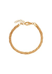 Złoty pleciony bransoletka z przeplatanymi nićmi i zapięciem typu lobster, z regulowanym łańcuszkiem umożliwiającym dopasowanie rozmiaru.