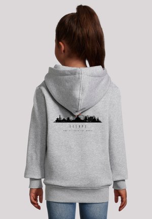 Grey hoodie with a large hood, featuring a black skyline graphic and text on the back. Soft fabric, ribbed cuffs, and hem detail.