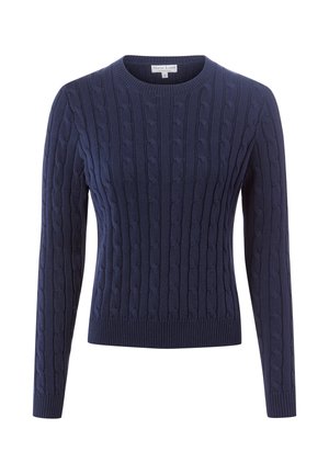 Marineblauer Strickpullover mit klassischem Zopfmuster, Rundhalsausschnitt, langen Ärmeln sowie gerippten Bündchen und Saum für eine bequeme Passform.