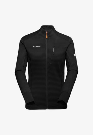 Schwarze Zip-Jacke mit strukturiertem Design, schlanker Schnitt, hohem Kragen, Logo auf der Brust und kontrastierendem orangefarbenem Reißverschluss.