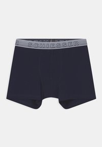 Himmelblaue Baumwoll-Boxershorts mit einem grauen elastischen Bündchen, das den Text "SCHIESSER" und vertikale Streifen aufweist. Glatte Textur und enganliegendes Design.