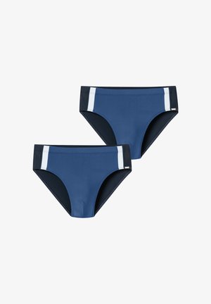 Deux slips de bain bleus avec des côtés noirs et des rayures verticales blanches sur un fond blanc.