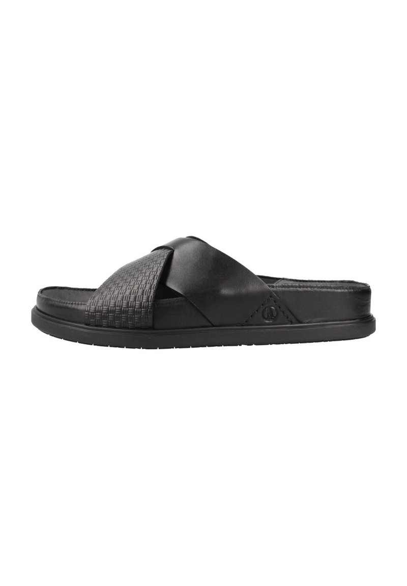 Zwarte leren slipper met een geweven structuur op de bovenkant en een platte rubberen zool, voorzien van gekruiste banden en subtiele merkdetails.
