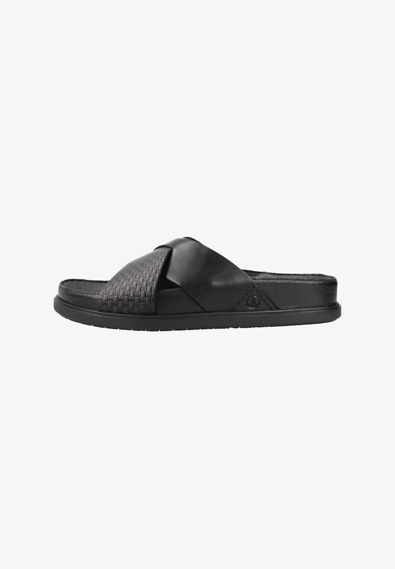 Black leather slide sandal with woven texture on the upper and flat rubber sole, featuring crossed straps and subtle branding detail.