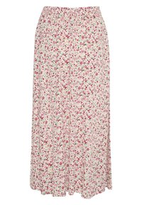 Floral maxi skirt in soft cotton, featuring a light cream background with pink and green floral patterns and an elastic waistband.