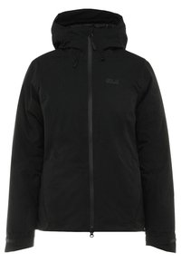 Svart väderbeständig jacka med huva, utrustad med en framzipper, justerbara dragkedjor och en logotyp på vänster bröst. Mjuk textur.