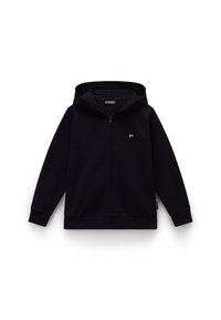 Veste à capuche noire zippée, avec capuche, manches côtelées et ourlet. Présente un petit logo rouge en forme de drapeau sur la poitrine, fabriquée en tissu doux et texturé.