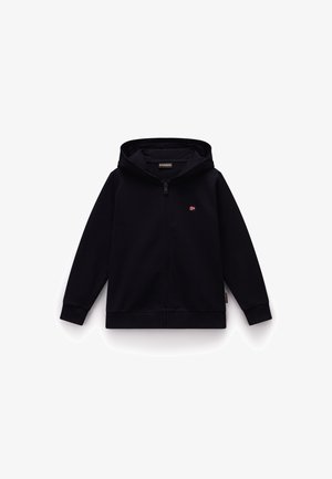 Felpa con zip nera e cappuccio, con polsini e orlo a coste. Presenta un piccolo logo a forma di bandiera rossa sul petto, realizzata in un tessuto morbido e strutturato.