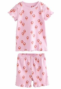 Rosa Kurzarm-Pyjama-Set mit einem sich wiederholenden Muster aus Blumen und Eiswaffeln. Hergestellt aus weicher Baumwolle mit lockerer Passform.