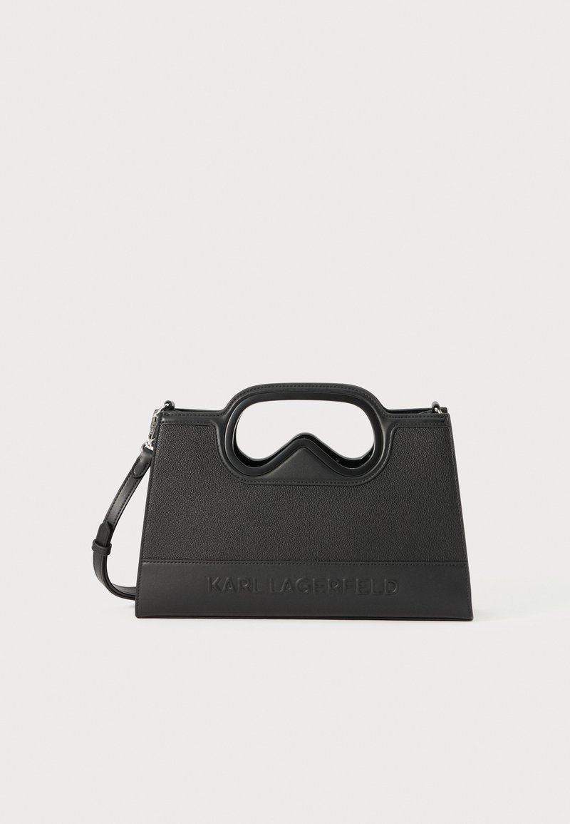 Borsa a mano nera strutturata in pelle testurizzata. Presenta un manico distintivo e il logo "KARL LAGERFELD" impresso alla base.