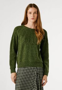 Zaļš adīts džemperis ar ribotu apkakli un teksturētu rakstu uz ķermeņa. Iezīmējas ar garām piedurknēm un pieguļošu apakšmalu.