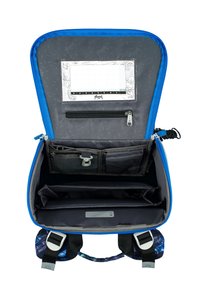 Interno dello zaino blu con fodera grigia, scomparti con zip e tasche organizzative. Presenta uno slot per carte e una tasca in rete.