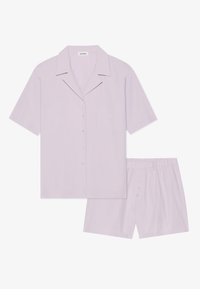 Short-sleeve, button-up pajama set in light lavender, featuring a pocket on the shirt and elastic waistband on the shorts with button accents.