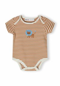 Csíkos, rövid ujjú body narancssárga és krémszínben, elöl kék oroszlán grafikával és patentos záródással az alján.
