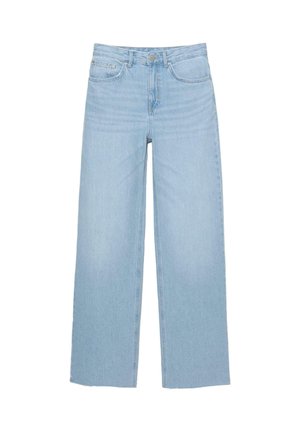 Jean large bleu clair en denim, avec une taille haute, coupe droite et un design à cinq poches avec un ourlet net.