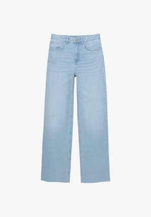 Lichtblauwe wijde jeans van denim, met een hoge taille, rechte snit en vijf-pocket ontwerp, afgewerkt met een nette zoom.
