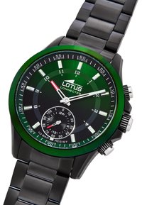 Orologio in acciaio inox nero con bezels e quadrante verde, contrassegnato da indicatori ore bianchi, sub-quadrante per i secondi e tre pulsanti laterali.