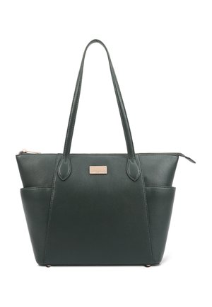 Dark green leather tote bag with dual top handles, a zip closure, and exterior side pockets. Features a small metallic logo plate.