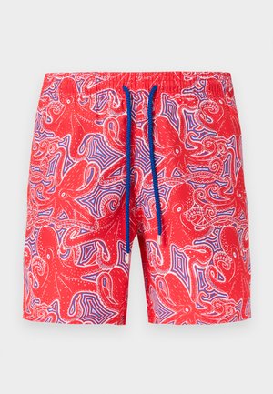 Punased ujumispüksid sinise tõmbenööriga, millel on kogu ulatuses punaste kaheksajalgade ja valgete ning siniste geomeetriliste kujundite mustriline disain.