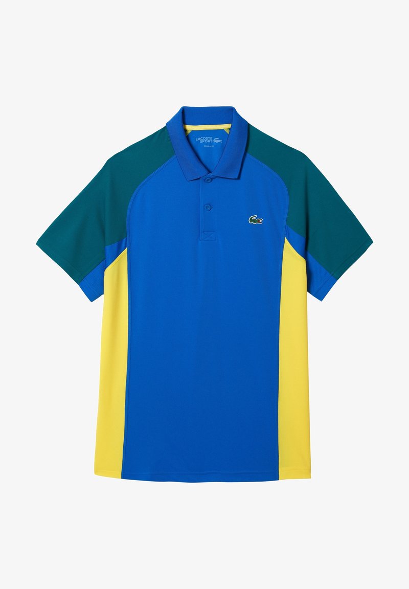 Niebieska i zielona koszulka polo z żółtymi akcentami, tradycyjnym kołnierzykiem i małym haftowanym logo na piersi.