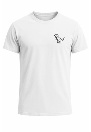 Weißes Baumwoll-T-Shirt mit einem kleinen schwarzen Dinosaurier-Graphic auf der linken Brustseite. Klassischer Rundhalsausschnitt, kurze Ärmel und reguläre Passform.
