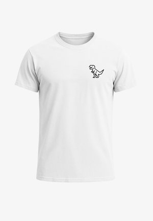 White cotton t-shirt featuring a small black dinosaur graphic on the left chest area. Classic crew neckline, short sleeves, and standard fit.
