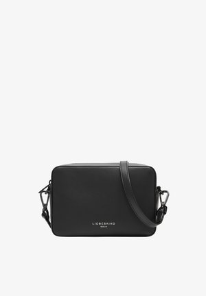 Black rectangular crossbody bag made of smooth leather. Features a detachable strap and subtle logo detailing on the front.