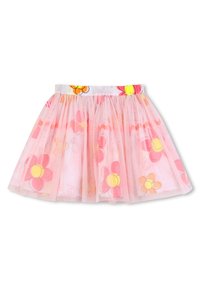 Ροζ τούλινη φούστα με ελαστική μέση, διακοσμημένη με πολύχρωμα λουλουδένια σχέδια σε αποχρώσεις ροζ, πορτοκαλί και κίτρινο.
