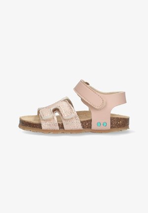 Børns lyserøde sandaler med to velcro-stropper, en korksål og teksturerede metalliske detaljer. Har små turkise elementer på hælen.