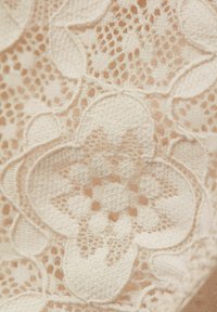 Krämfärgad spets tyg med intrikata blommönster, öppna vävdetaljer och en mjuk textur, idealisk för känsliga kläder eller dekorativa föremål.