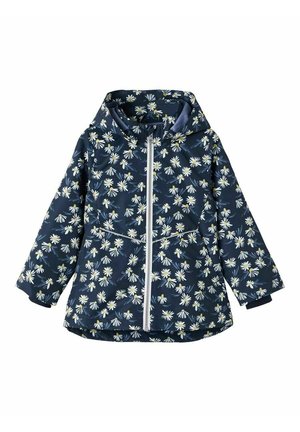 Veste à capuche pour enfants de couleur bleu marine avec un motif de fleurs marguerites blanches et jaunes et une fermeture éclair blanche à l'avant.