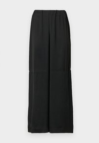 Czarne spodnie o szerokich nogawkach wykonane z miękkiego materiału, z elastycznym pasem i czystym, minimalistycznym designem. Bez kieszeni ani zdobień.
