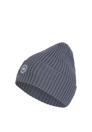 Donkergrijze geribbelde gebreide muts met opgevouwen rand en ronde Stella McCartney Adidas logo patch.