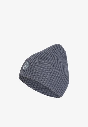 Ciemnoszara prążkowana dziana czapka z podwiniętym rondem z okrągłą naszywką z logo Stella McCartney Adidas.