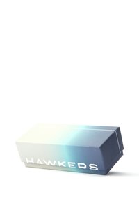 Rectangular packaging box in gradient light blue and white, featuring the text "HAWKERS" in bold white letters. Smooth texture, paper material.