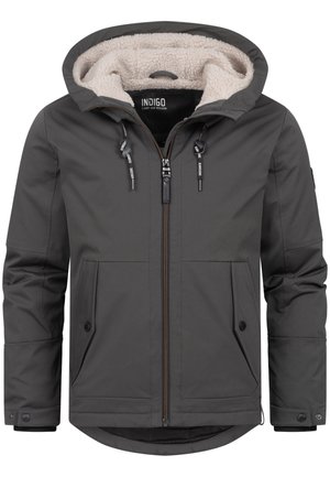 Veste à capuche grise avec un col en polaire, fermeture éclair à l'avant, deux poches latérales et cordons de serrage réglables sur la capuche.