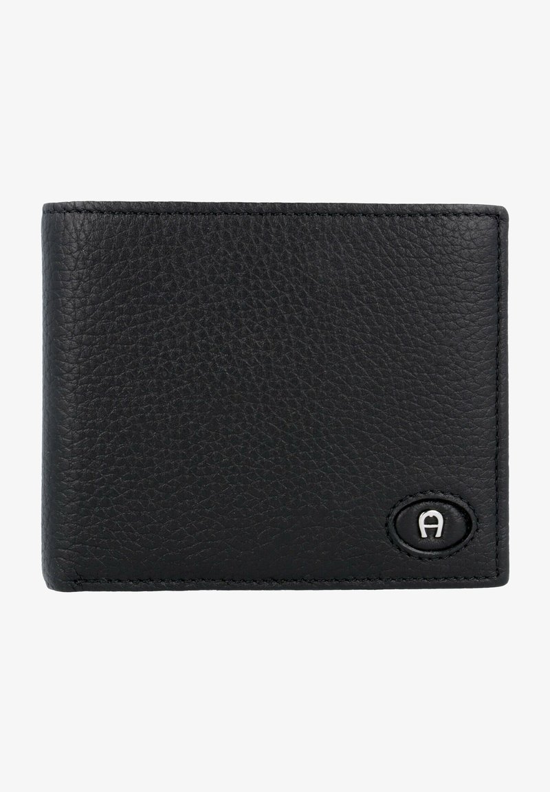 Portafoglio in pelle nera con superficie texturizzata, design pieghevole a due sezioni, angoli arrotondati e un accento con logo argentato in basso a destra.