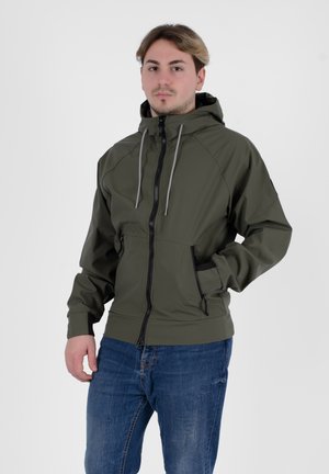 Giacca con cappuccio verde oliva, con zip frontale, polsini elastici e due tasche laterali. Texture liscia e lacci regolabili sul cappuccio.