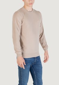 Maglione a maglia beige con scollo rotondo, maniche lunghe e polsini a costine. Indossato sopra jeans blu, con un piccolo logo sul petto.