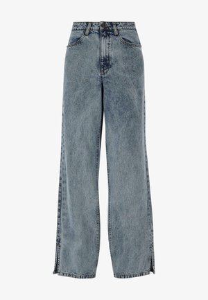 Hellblaue weit geschnittene Denim-Jeans mit einer ausgewaschenen Optik, ausgestattet mit vorderen Taschen, einem Knopfverschluss und seitlichen Schlitzen am Saum.