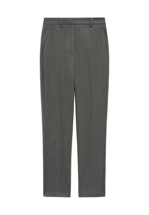 Pantaloni grigi su misura con vestibilità dritta, texture fine e sottili righe verticali. Presentano passanti per cintura e due tasche laterali.