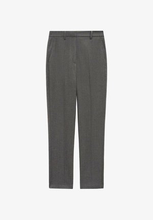 Grå skräddarsydda byxor med rak passform, fin textur och subtila ränder. Har bälteshällor och två sidofickor.