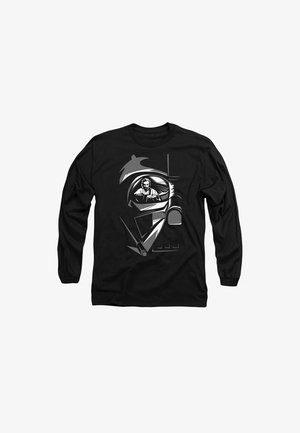 Black long-sleeve t-shirt featuring a graphic design of a helmet with a figure in the visor, using white and gray tones.