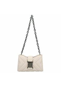 Gequilted beige leren handtas met een zilveren kettingband, met een rechthoekige vorm en een opvallende sluiting aan de voorkant.