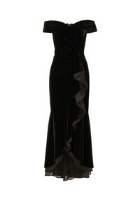 Zwarte fluwelen off-shoulder jurk met gerimpelde buste en een rimpelaccent aan de linkerkant. Uitlopende zoom en doorzichtige onderlaag aan de onderkant.