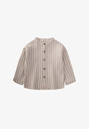 Lichtbeige overhemd met lange mouwen, voorzien van een mandarin kraag, knoopsluiting aan de voorkant en verticale strepen in donkere tinten. Gemaakt van een gestructureerde stof.