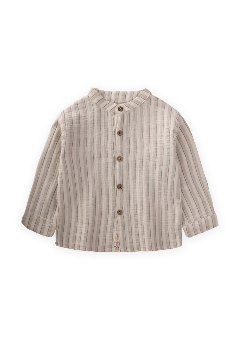 Camicia beige chiaro a maniche lunghe, con colletto alla mandarino, chiusura a bottoni e righe verticali in tonalità più scure. Realizzata in tessuto testurizzato.