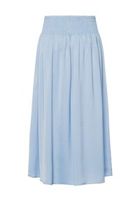 Hellblauer, knielanger Rock mit gerafftem Bund und Falten-Design. Hergestellt aus weichem, glattem Stoff mit fließender Silhouette.