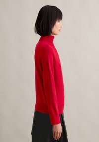 Roter Rollkragenpullover aus weichem Stoff, mit langen Ärmeln, gerippten Bündchen und einem taillierten Saum. Modell im Profil dargestellt.